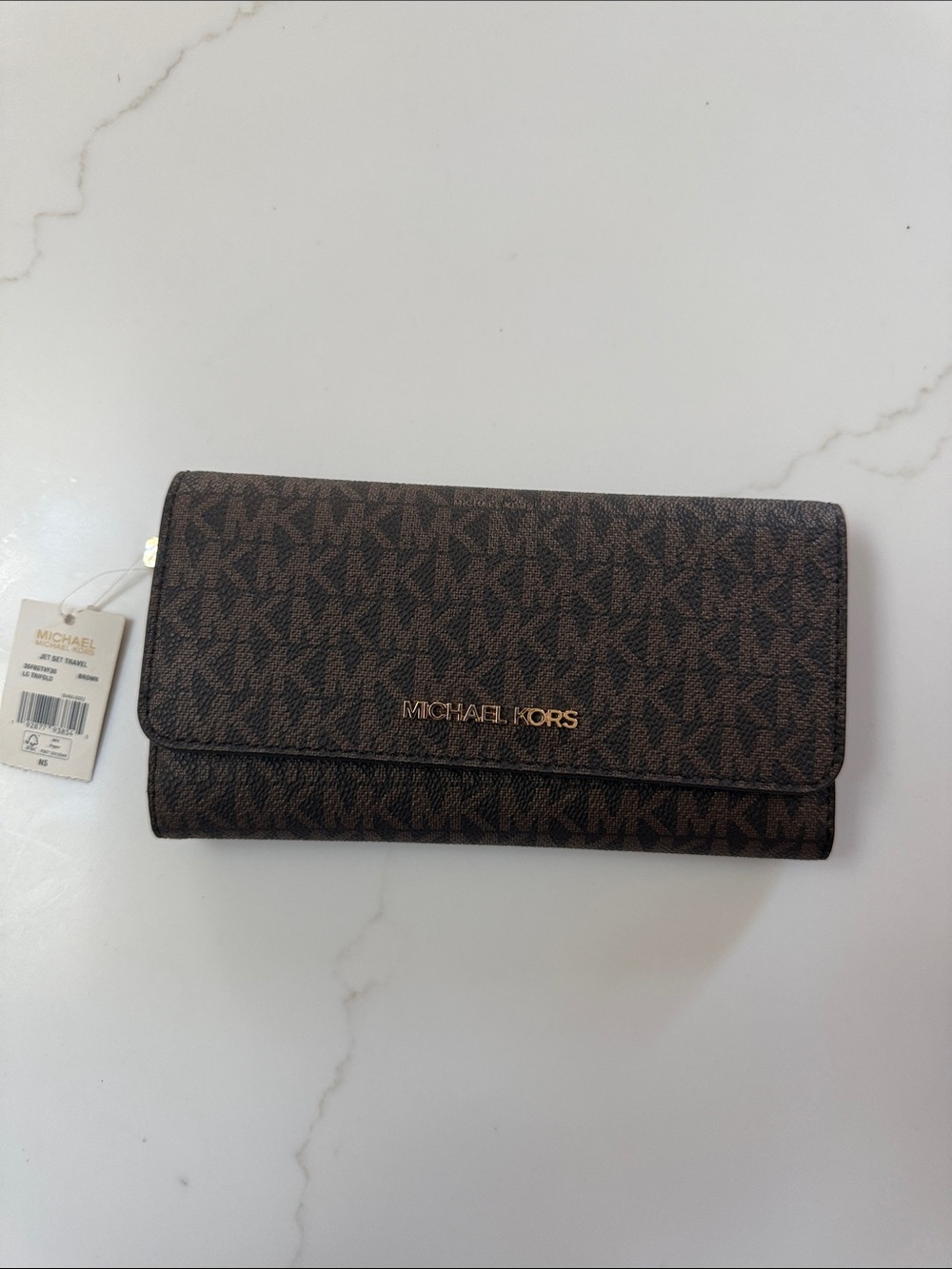 Michael Kors Brown MK Logo Continental Wallet with Gold Hardware